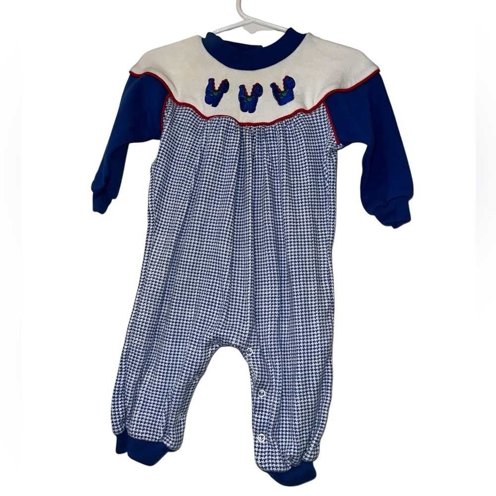 Vintage Kids & More blue white herringbone dinosaur embroidered romper 12m
